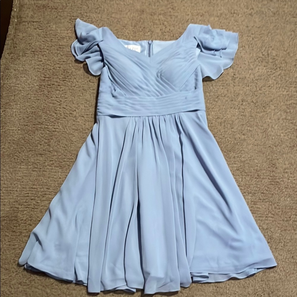 Azazie Blue Fit and Flare Mini Dress with Puff Cap Sleeves